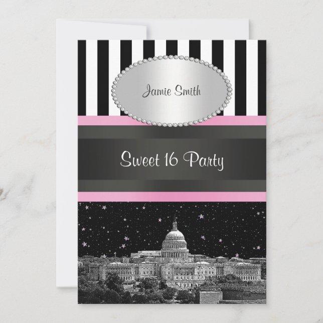 Wash DC Skyline Bk Wht Strp Pink Sweet 16 Party Invitation (Front)