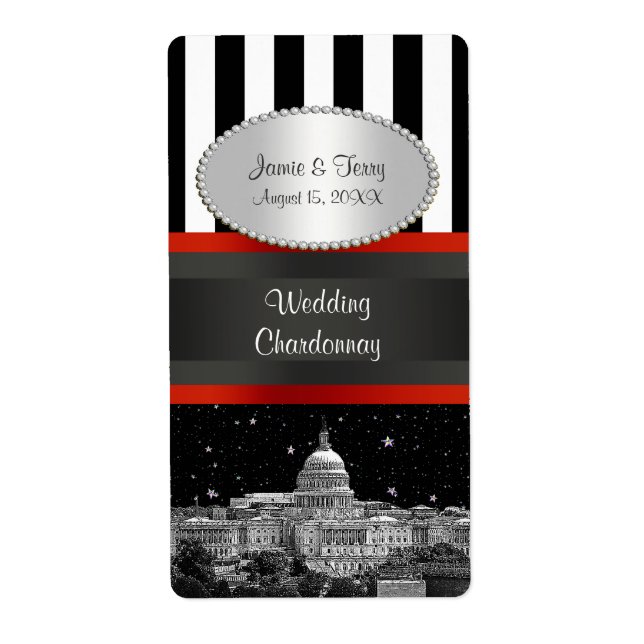 Wash DC Skyline Blk Wht Stripe P Party Wine Label (Front)