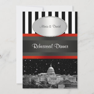 Wash DC Skyline Blk Wht Strp P Rehearsal Dinner Invitation