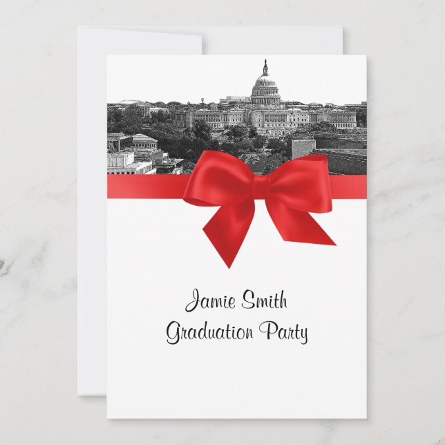 Wash DC Skyline Etched BW Red Graduation Party Invitation (Front)