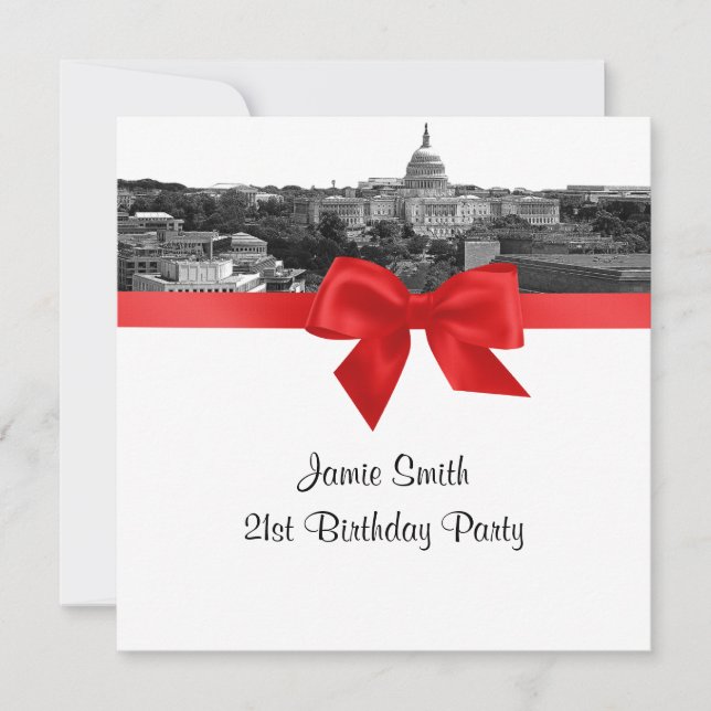 Wash DC Skyline Etched BW Red SQ Birthday Party Invitation (Front)