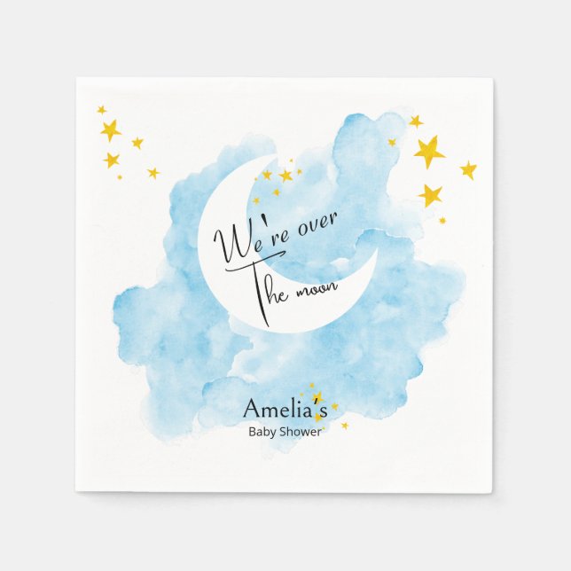 Wash Watercolor Over the Moon Baby Shower Napkin (Front)