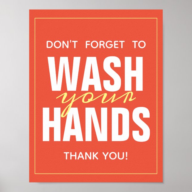 Wash Your Hands Bright Orange Typography Poster (Front)