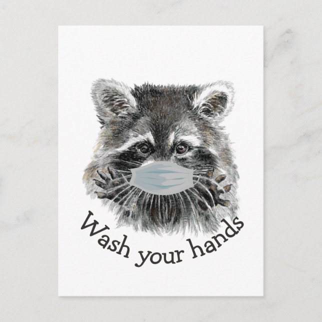 Wash Your Hands Covid Pandemic Cute Racoon Quote Postcard (Front)