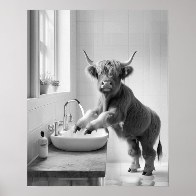 Wash Your Hands Hand Washing Highland Cow Bathroom Poster (Front)