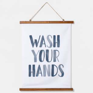 Wash Your Hands Navy Blue Kids Bathroom Hanging Tapestry