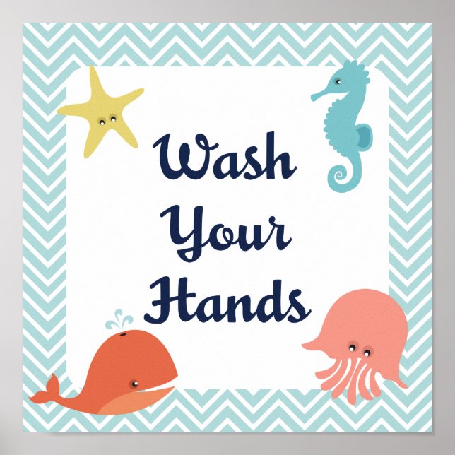 Wash Your Hands Sea Life Kids Poster Print (Front)