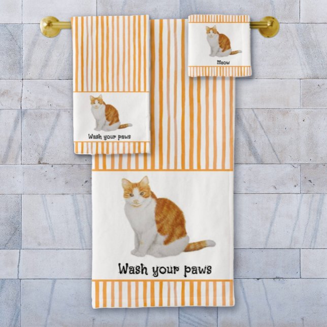 Wash Your Paws Orange Cat Watercolor Stripes  Bath Towel Set (Creator Uploaded)
