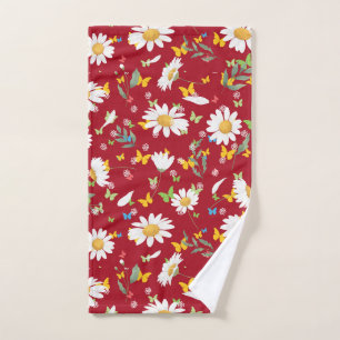 Washcloth or Hand Towel, Daisies on Red Background Towel