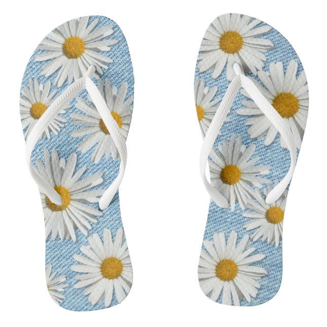 Washed Denim Daisy Flower Blossom - Trendy Fashion Flip Flops (Footbed)
