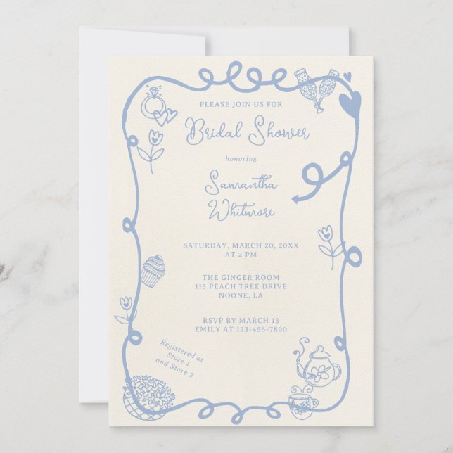 Washed Indigo Scene Doodle Bridal Shower Invitation (Front)