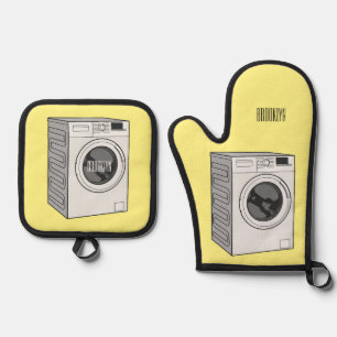 Washing machine cartoon illustration oven mitt & pot holder set