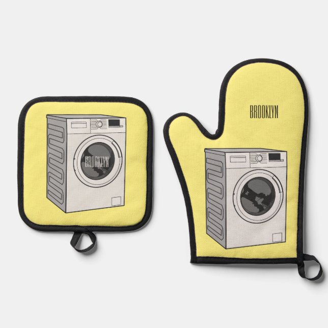 Washing machine cartoon illustration  oven mitt & pot holder set (Front)