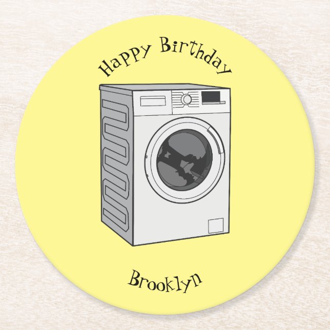 Washing machine cartoon illustration round paper coaster (Front)