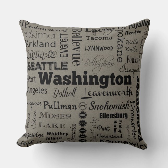 Washington cities typography pillow in grey/black (Front)