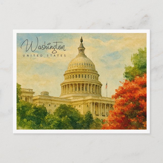 Washington D.C. USA Retro Watercolor Travel Holiday Postcard (Front)