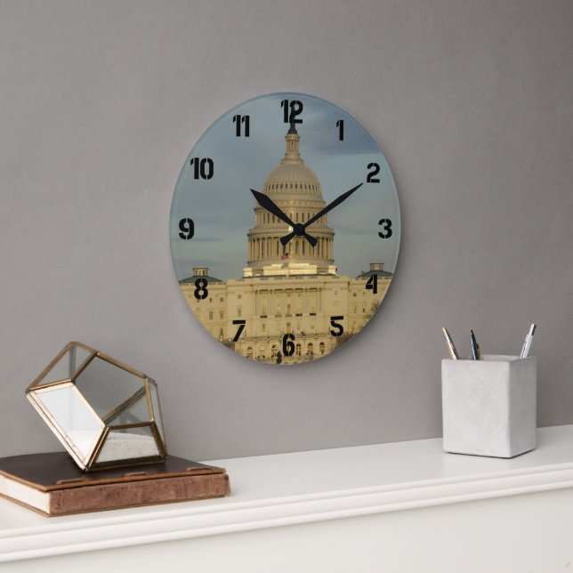 Washington DC Capitol Building w/Black Numerals Large Clock (Office)