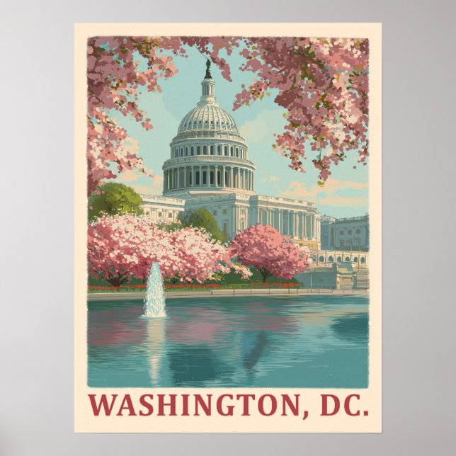 Washington DC – Cherry Blossoms & Capitol Building Poster (Front)
