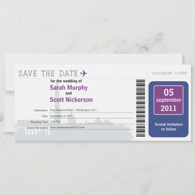Washington DC Save the Date Boarding Pass (Front)