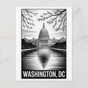Washington DC Skyline Black White Woodcut Postcard