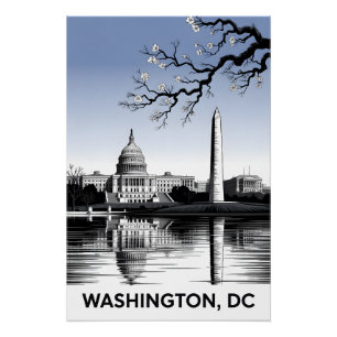 Washington DC Skyline Black White Woodcut Poster
