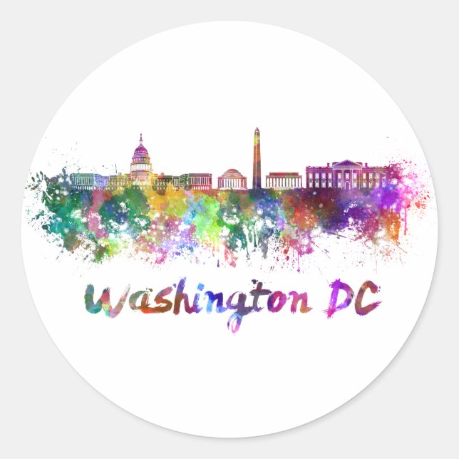 Washington DC skyline in watercolor Classic Round Sticker (Front)