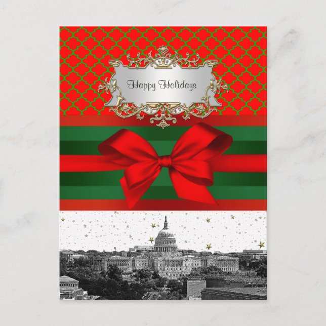 Washington DC Skyline Red Green Quatrefoil BG Xmas Holiday Postcard (Front)