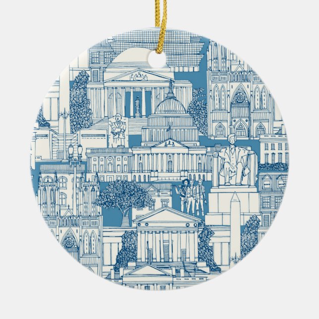 Washington DC toile blue Ceramic Tree Decoration (Front)