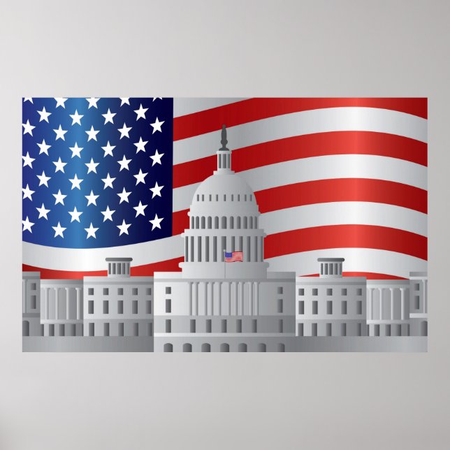 Washington DC US Capitol Building with US Flag Poster (Front)