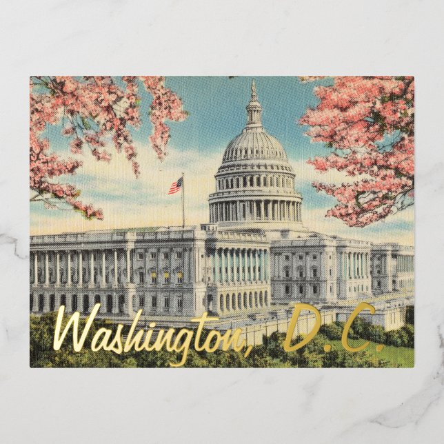 Washington DC US Capitol Cherry Blossoms Gold Foil Holiday Postcard (Front)