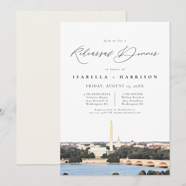 WASHINGTON DC Watercolor Skyline Rehearsal Dinner Invitation (Front/Back)