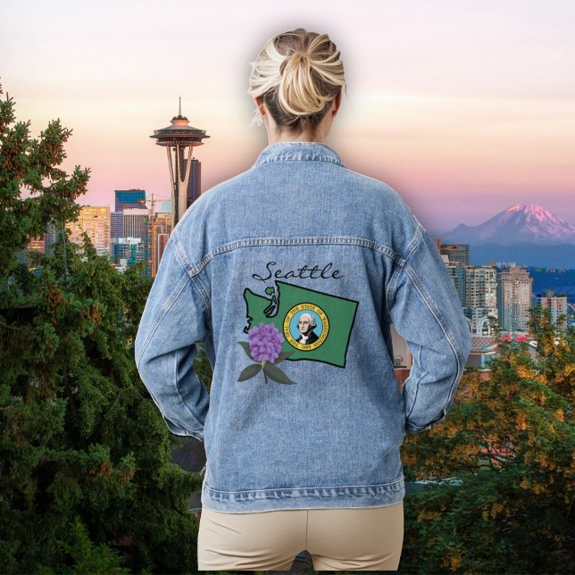 Washington Flag & Flower Pacific Rhododendron Denim Jacket (Creator Uploaded)