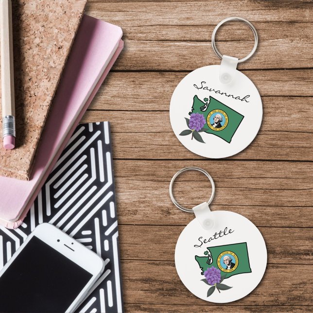 Washington Flag & Flower Rhododendron Custom Text Key Ring (Creator Uploaded)