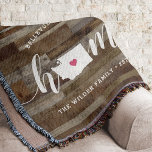 Washington Home State Personalised Wood Look Throw Blanket<br><div class="desc">Show some home state pride with this cute rustic faux wood plank throw blanket featuring "home" in white calligraphy script lettering with a silhouette map of the state of Washington standing in for the letter "O." A pink heart illustration inside the state map completes the design; you can change the...</div>