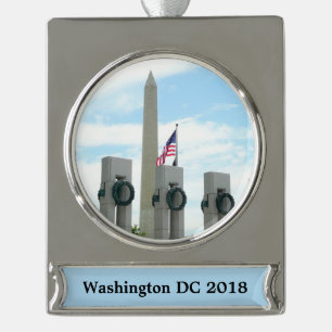 Washington Monument and WWII Memorial in DC Silver Plated Banner Ornament