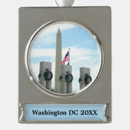 Washington Monument and WWII Memorial in DC Silver Plated Banner Ornament