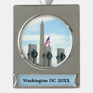 Washington Monument and WWII Memorial in DC Silver Plated Banner Ornament