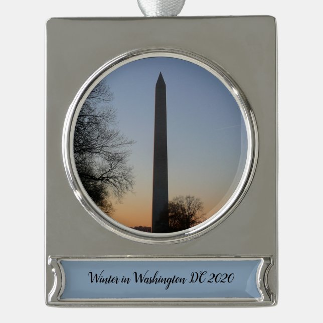 Washington Monument at Sunset in DC Silver Plated Banner Ornament (Front)