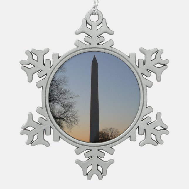 Washington Monument at Sunset in DC Snowflake Pewter Christmas Ornament (Front)