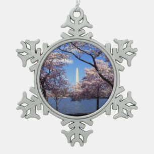Washington Monument Through Cherry Blossoms Snowflake Pewter Christmas Ornament