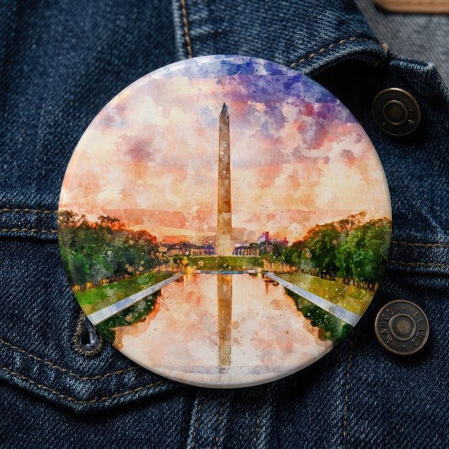 Washington Monument Watercolor Sunset Reflection 6 Cm Round Badge (Washington Monument Watercolor Sunset Reflection. Button)