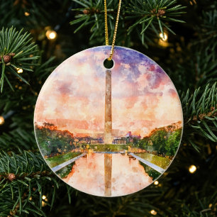Washington Monument Watercolor Sunset Reflection Ceramic Tree Decoration