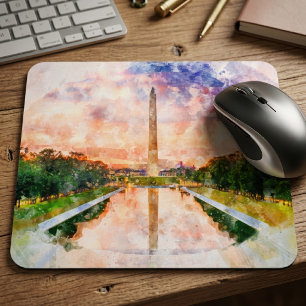 Washington Monument Watercolor Sunset Reflection Mouse Mat