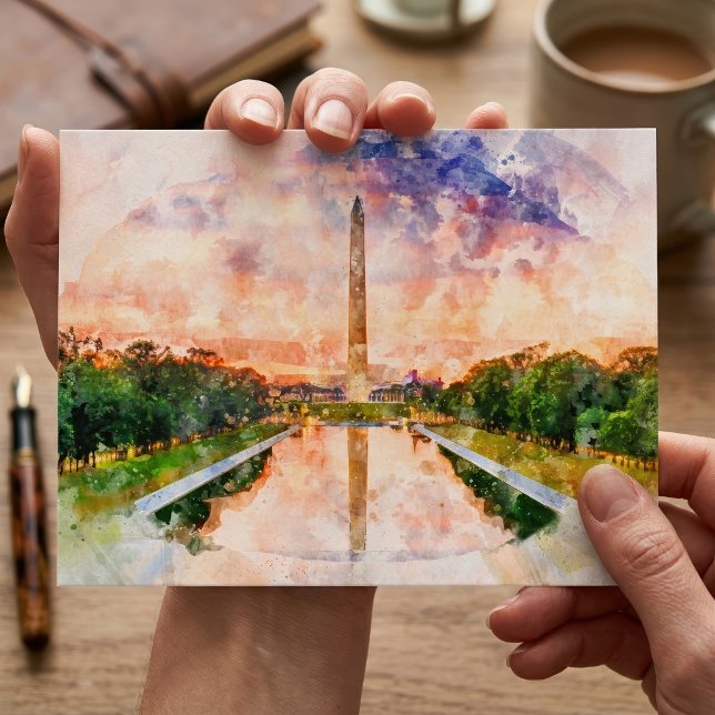 Washington Monument Watercolor Sunset Reflection Postcard (Washington Monument Watercolor Sunset Reflection. Postcard)