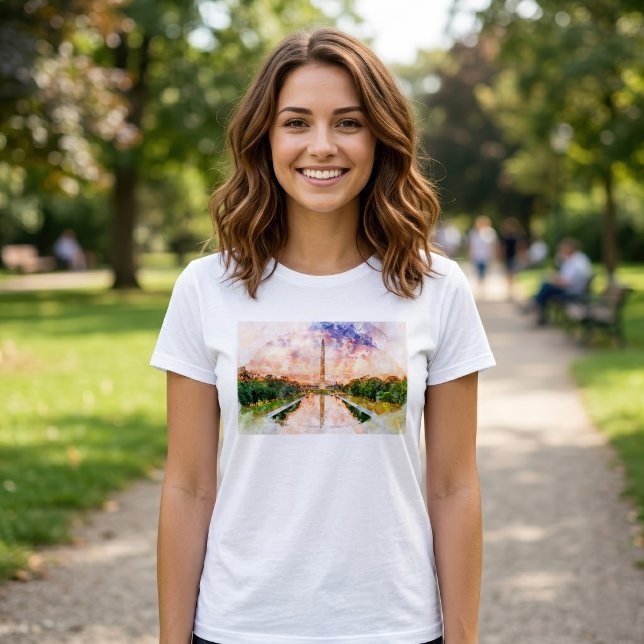 Washington Monument Watercolor Sunset Reflection T-Shirt (Washington Monument Watercolor Sunset Reflection. Women Basic White T-Shirt)