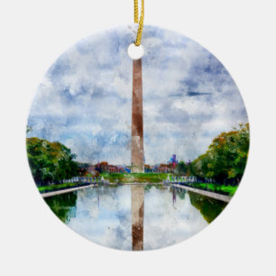 Washington Monument watercolor with reflection Ceramic Tree Decoration
