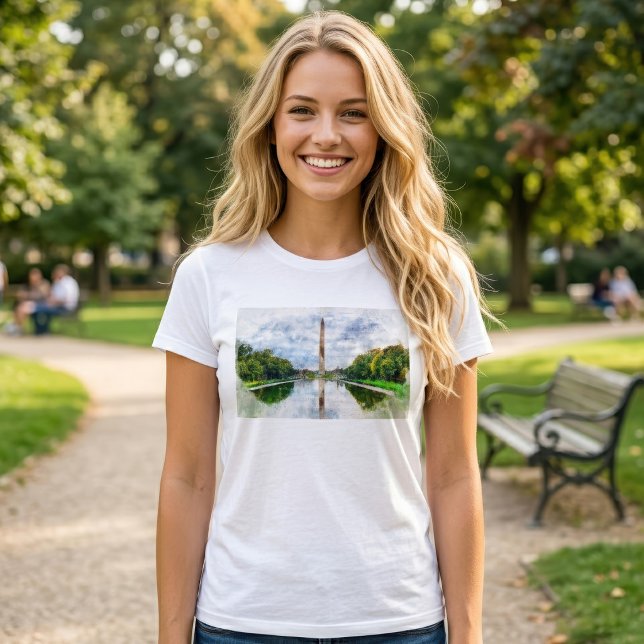 Washington Monument Watercolor with Reflection T-Shirt (Washington Monument Watercolor with Reflection. Women Basic White T-Shirt)