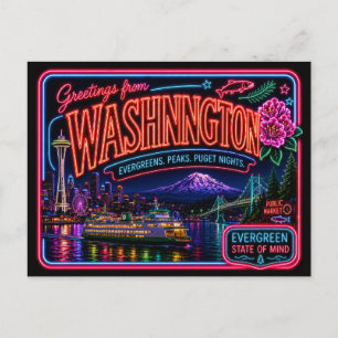 Washington Neon State Retro Vintage Postcard