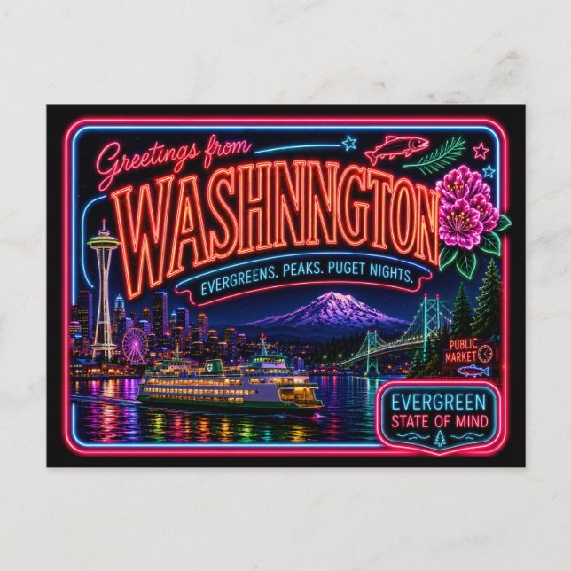 Washington Neon State Retro Vintage Postcard (Front)