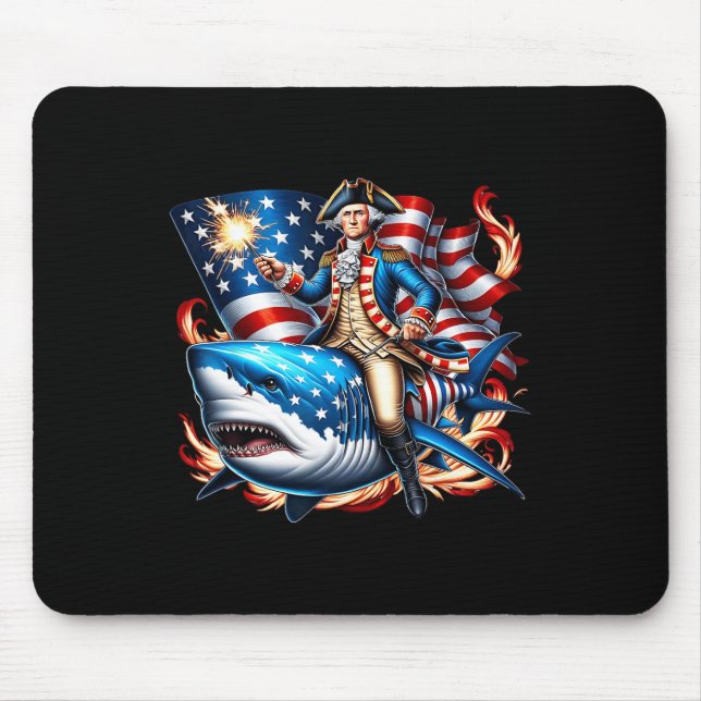 Washington Riding Shark Funny July 4th American Fl Mouse Mat (Front)